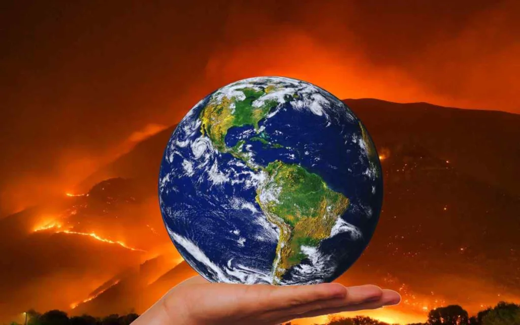 Foreground: Earth on Palm; Background: Wildfire